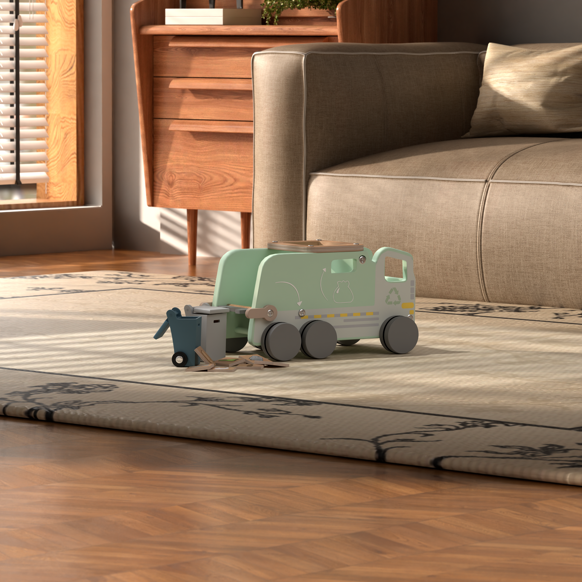 Wood'n Buddy Speelgoed Vuilniswagen set - Houten Speelgoed Vrachtwagen