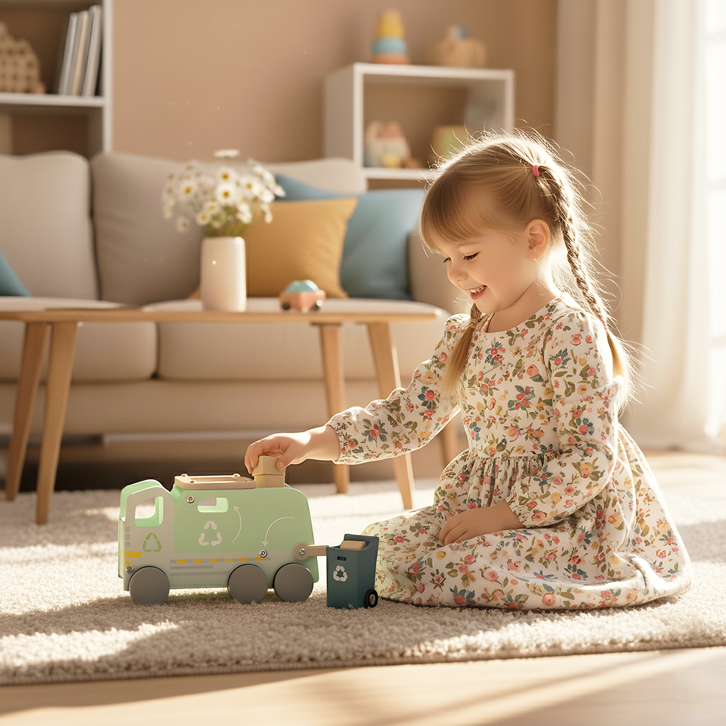 Wood'n Buddy Speelgoed Vuilniswagen set - Houten Speelgoed Vrachtwagen